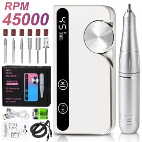 Professional Electric Nail Drill, 45000 RPM Cordless E-File Machine, With 12 Bits, Sanding Bands, LCD Display Electric Nail File For Acrylic Gel (Option: White)