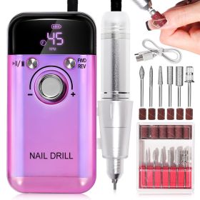 Electric Nail Drill Professional 45000RPM - Rechargeable Nail Drill Kit Portable Electric Nail File With Complete Bits For Acrylic Nails Gel Poli (Option: Purple)