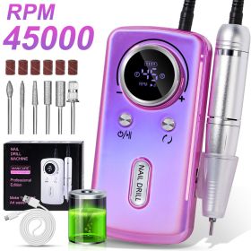 Professional Electric Nail Drill, 45000RPM Cordless Nail File Drill With 6 Drills, LCD Display, Nail File Machine For Removing Acrylic Gel Nails, (Option: Purple)