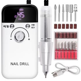 Electric Nail Drill Professional 45000RPM - Rechargeable Nail Drill Kit Portable Electric Nail File With Complete Bits For Acrylic Nails Gel Poli (Option: White)